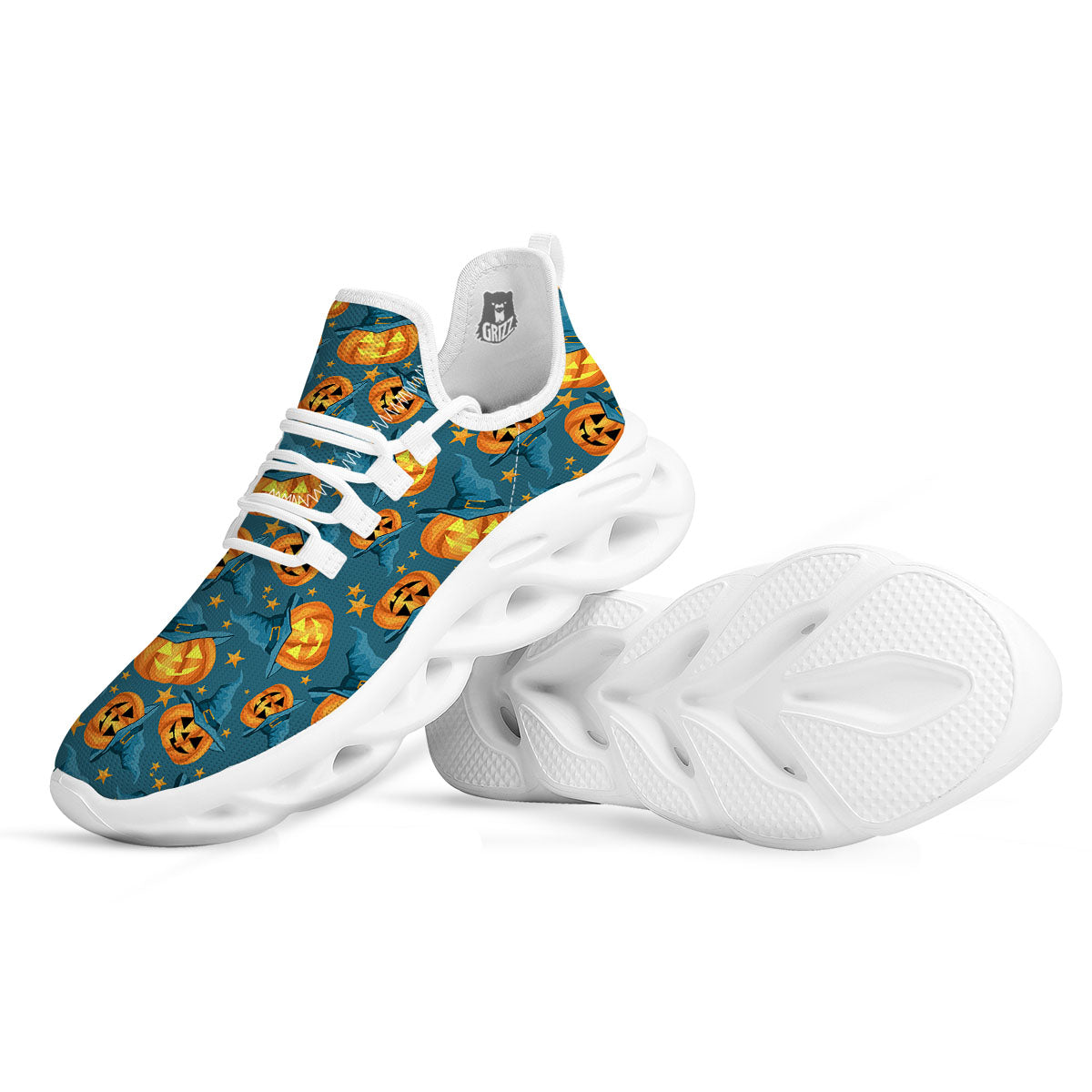 Witch Hat Pumpkin Print Pattern White Running Shoes-grizzshop