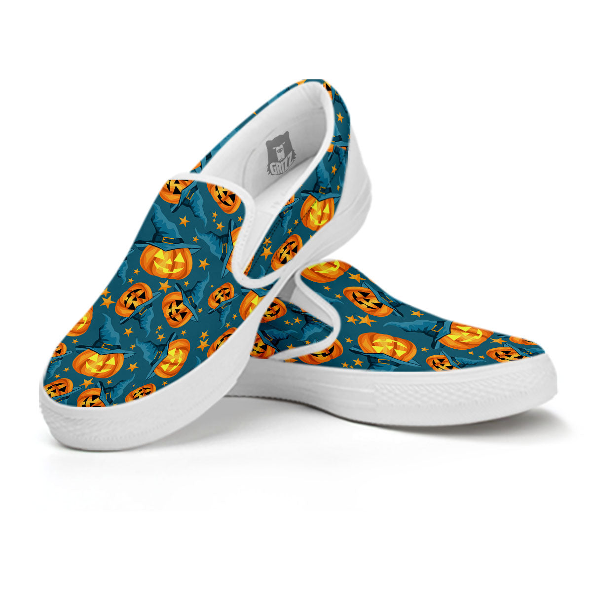 Witch Hat Pumpkin Print Pattern White Slip On Shoes-grizzshop