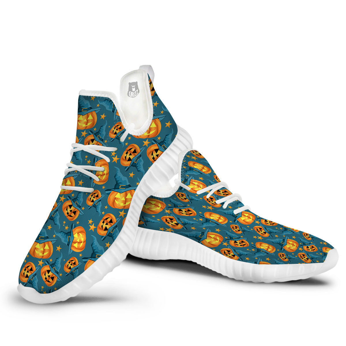 Witch Hat Pumpkin Print Pattern White Walking Shoes-grizzshop
