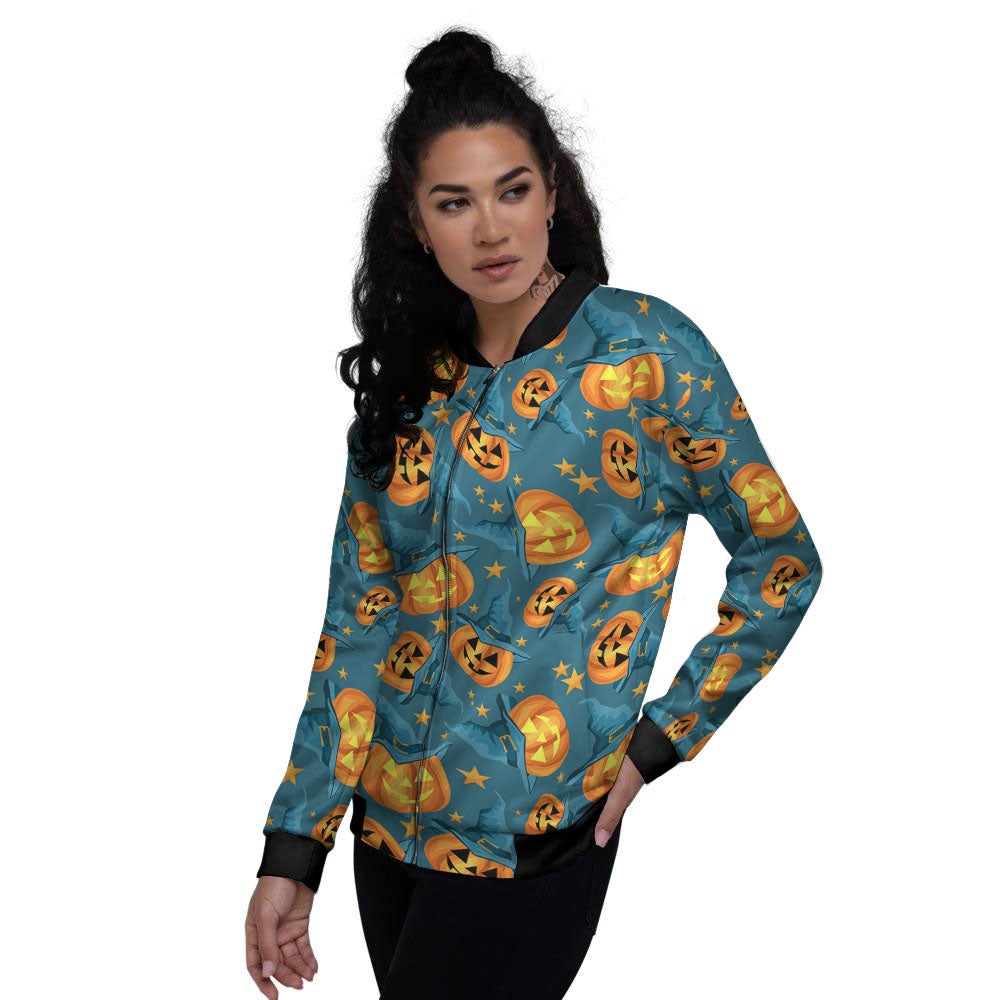 Witch Hat Pumpkin Print Pattern Women's Bomber Jacket-grizzshop