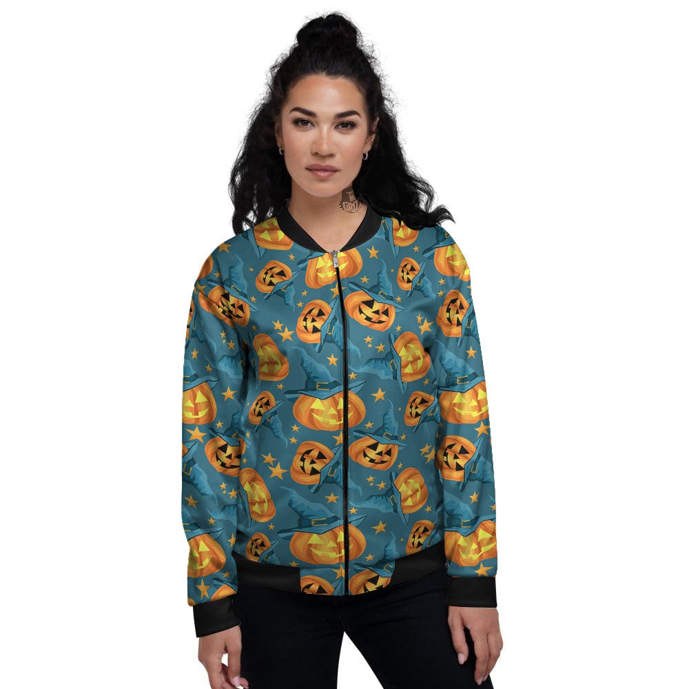 Witch Hat Pumpkin Print Pattern Women's Bomber Jacket-grizzshop