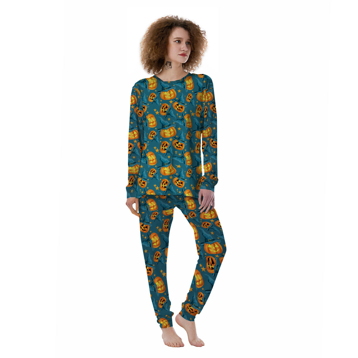 Witch Hat Pumpkin Print Pattern Women's Pajamas-grizzshop