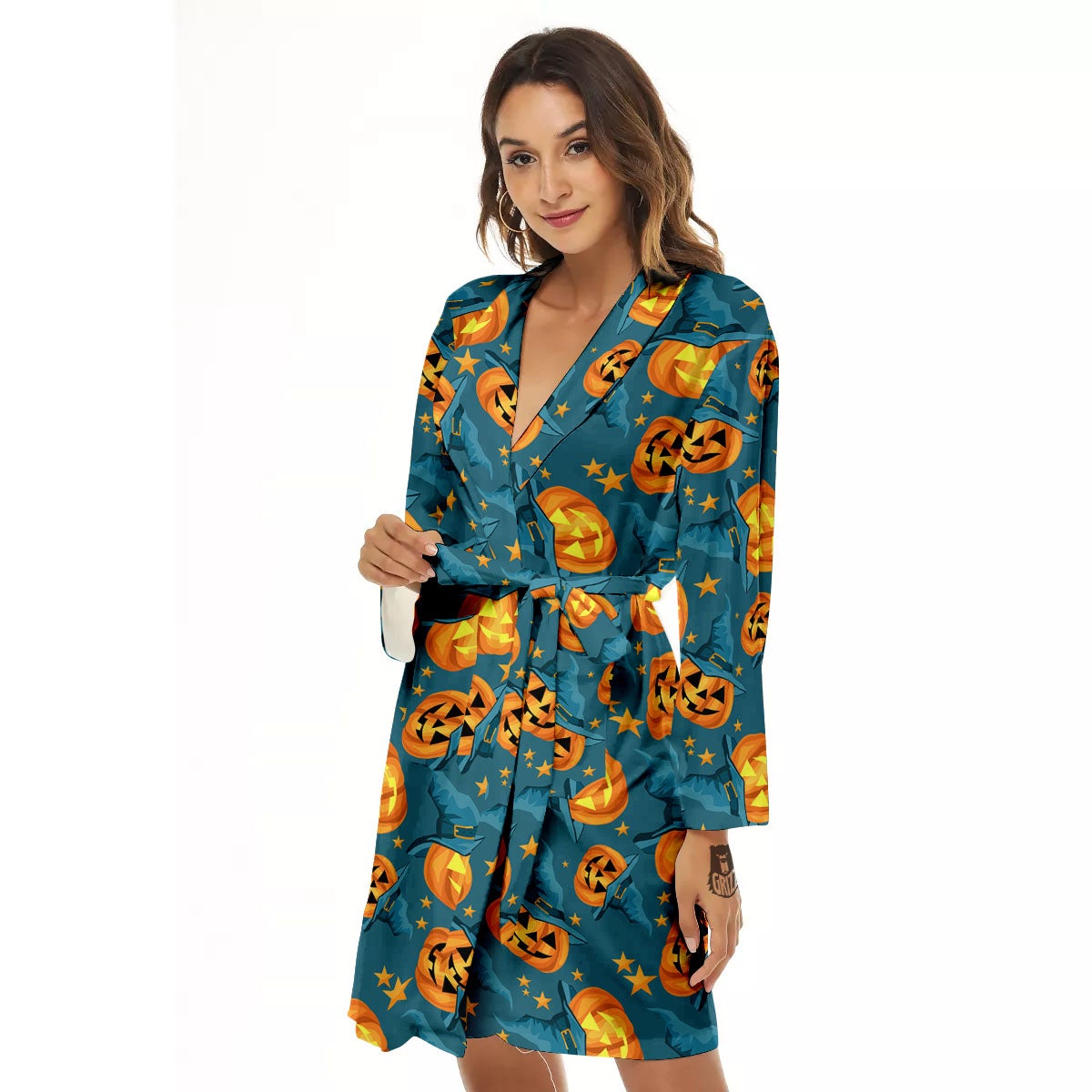 Witch Hat Pumpkin Print Pattern Women's Robe-grizzshop