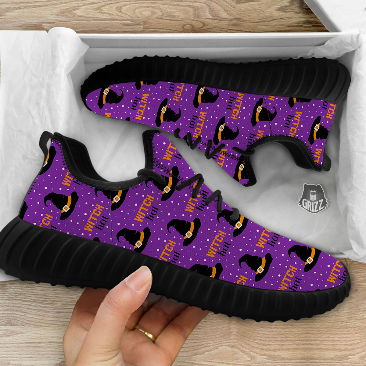 Witch Hat Purple Halloween Print Pattern Black Walking Shoes-grizzshop