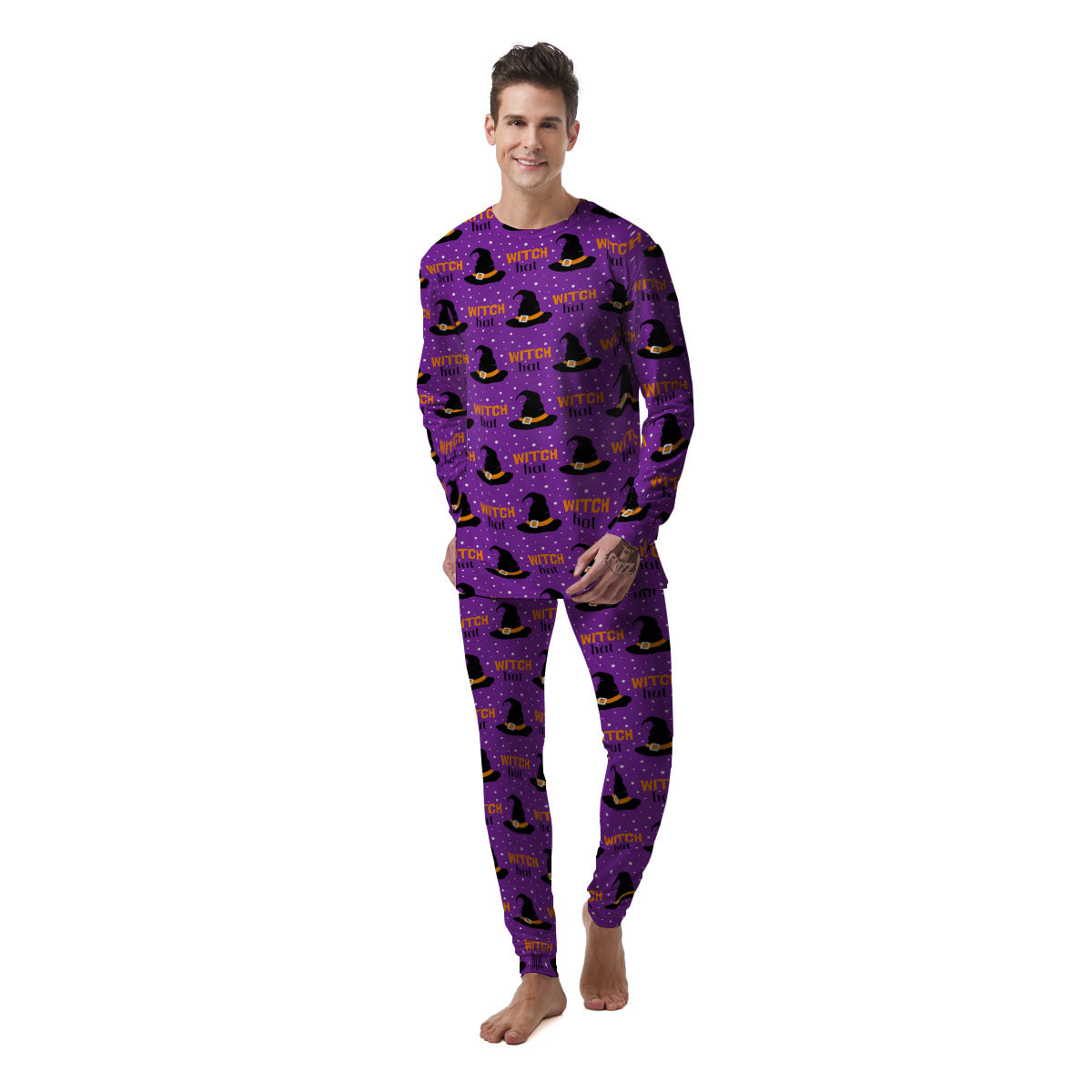 Witch Hat Purple Halloween Print Pattern Men's Pajamas-grizzshop