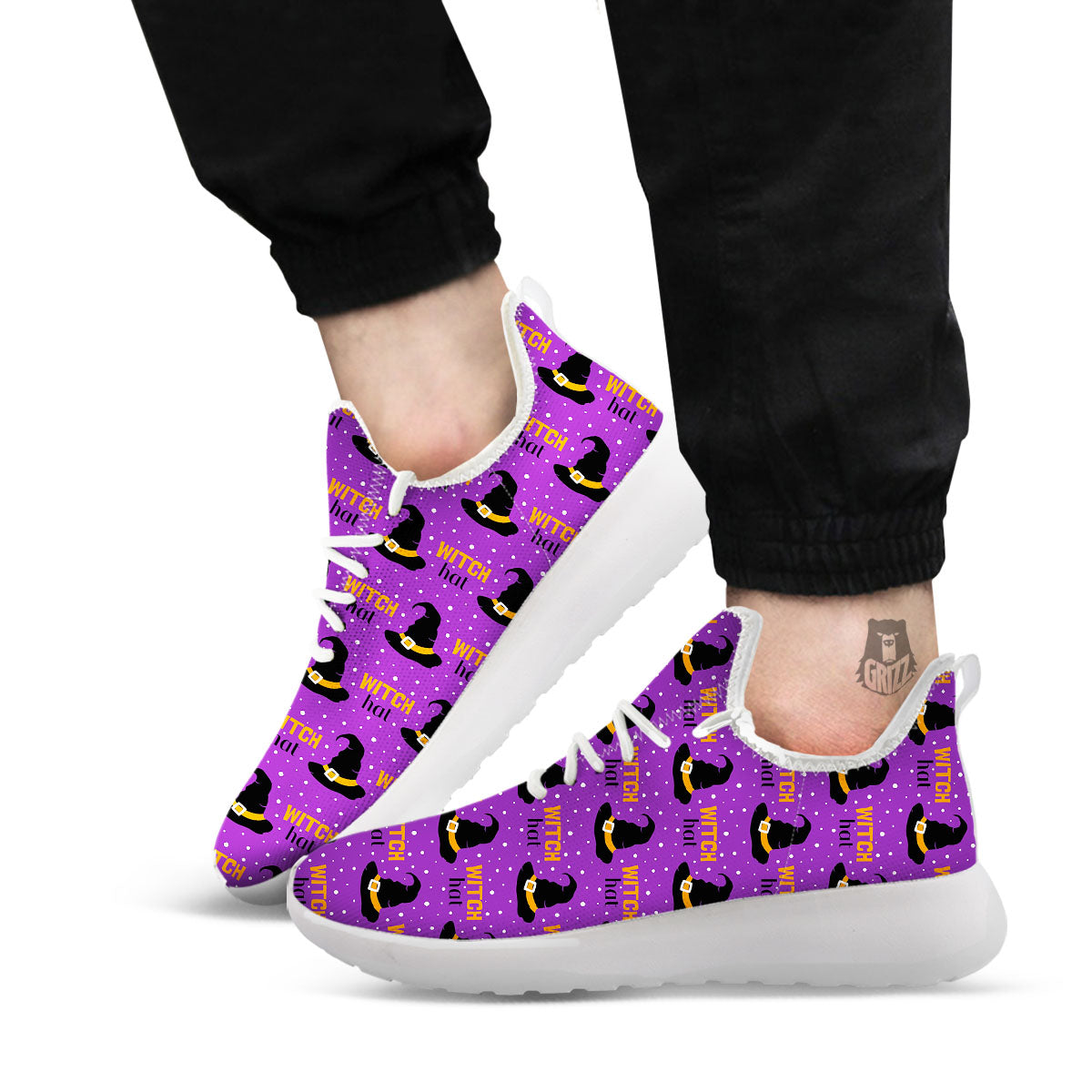 Witch Hat Purple Halloween Print Pattern White Athletic Shoes-grizzshop