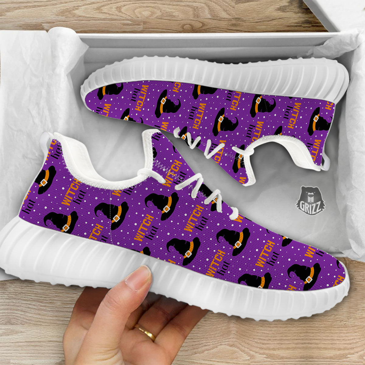 Witch Hat Purple Halloween Print Pattern White Walking Shoes-grizzshop