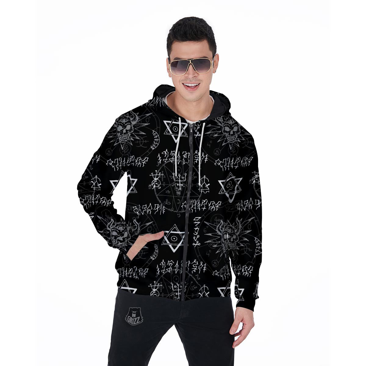 Witch Sign Print Men's Zip Up Hoodie-grizzshop