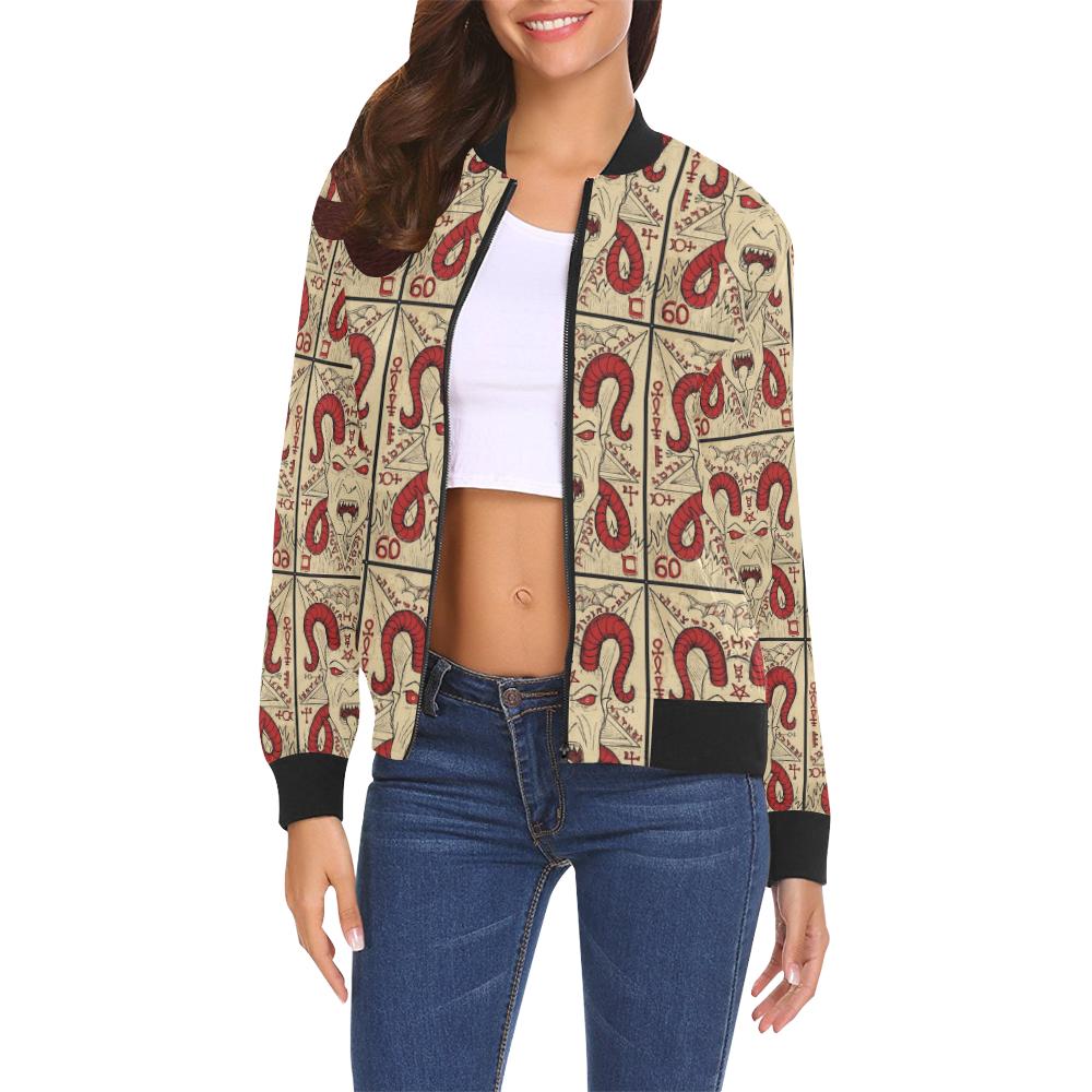 Witch Wiccan Gothic Pagan Satanic Pattern Print Women Casual Bomber Jacket-grizzshop