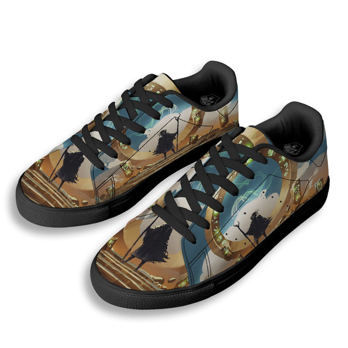 Wizard And Gate Print Black Low Top Sneakers-grizzshop