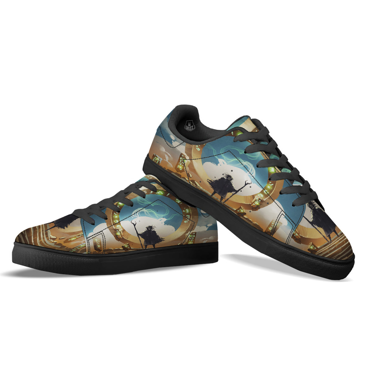 Wizard And Gate Print Black Low Top Sneakers-grizzshop
