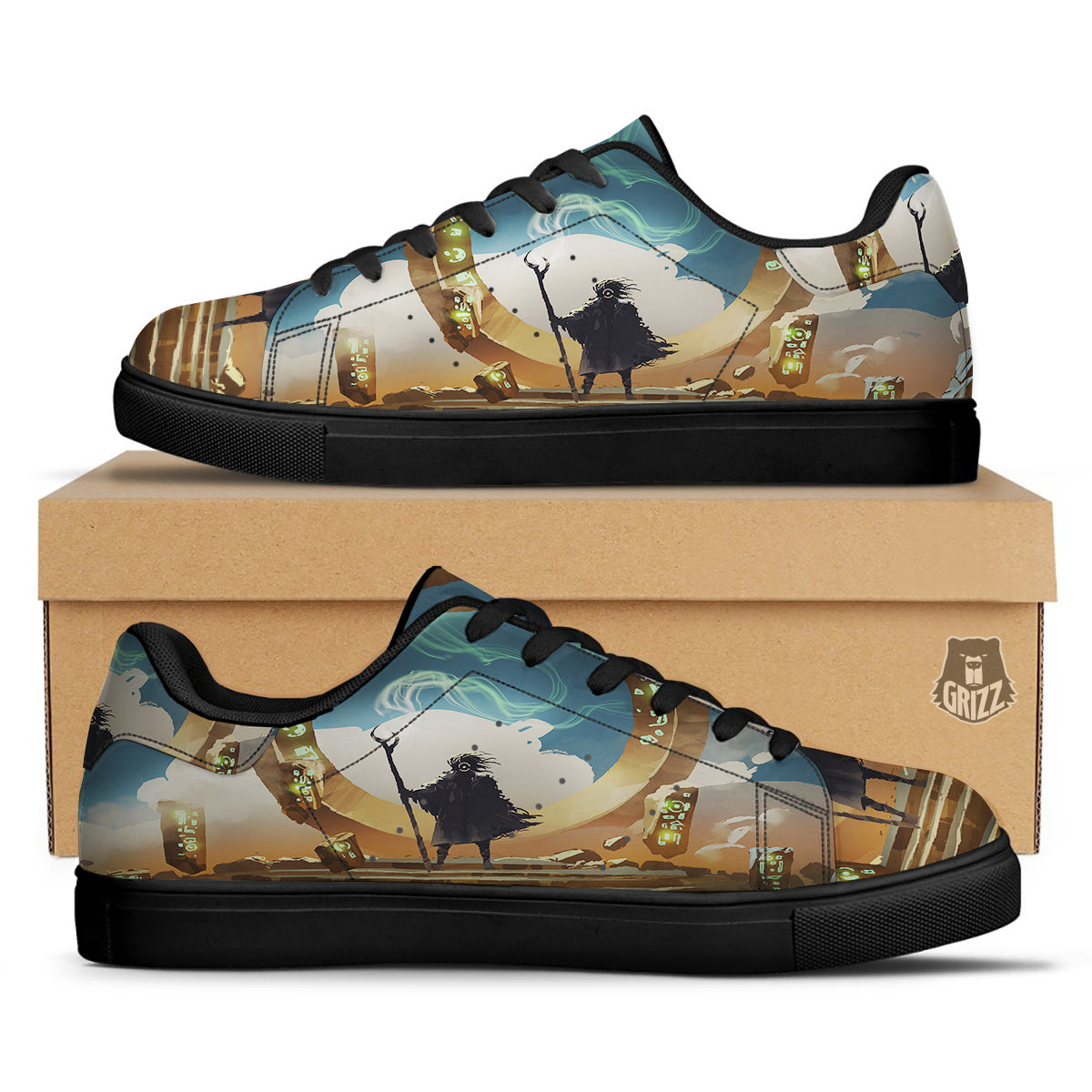 Wizard And Gate Print Black Low Top Sneakers-grizzshop