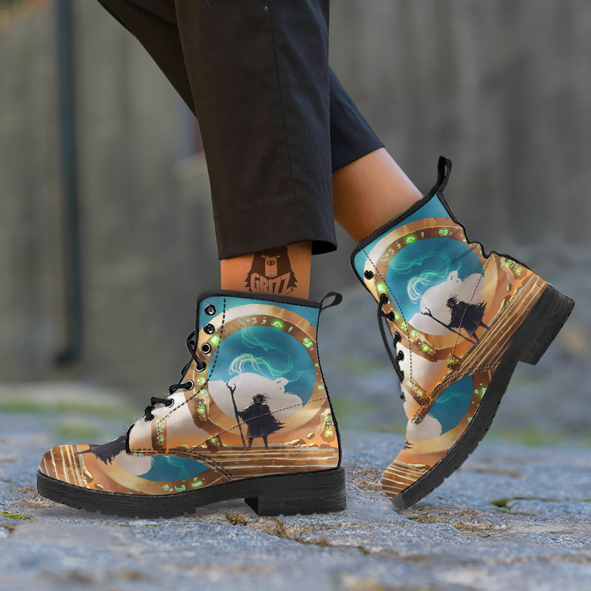 Wizard And Gate Print Leather Boots-grizzshop