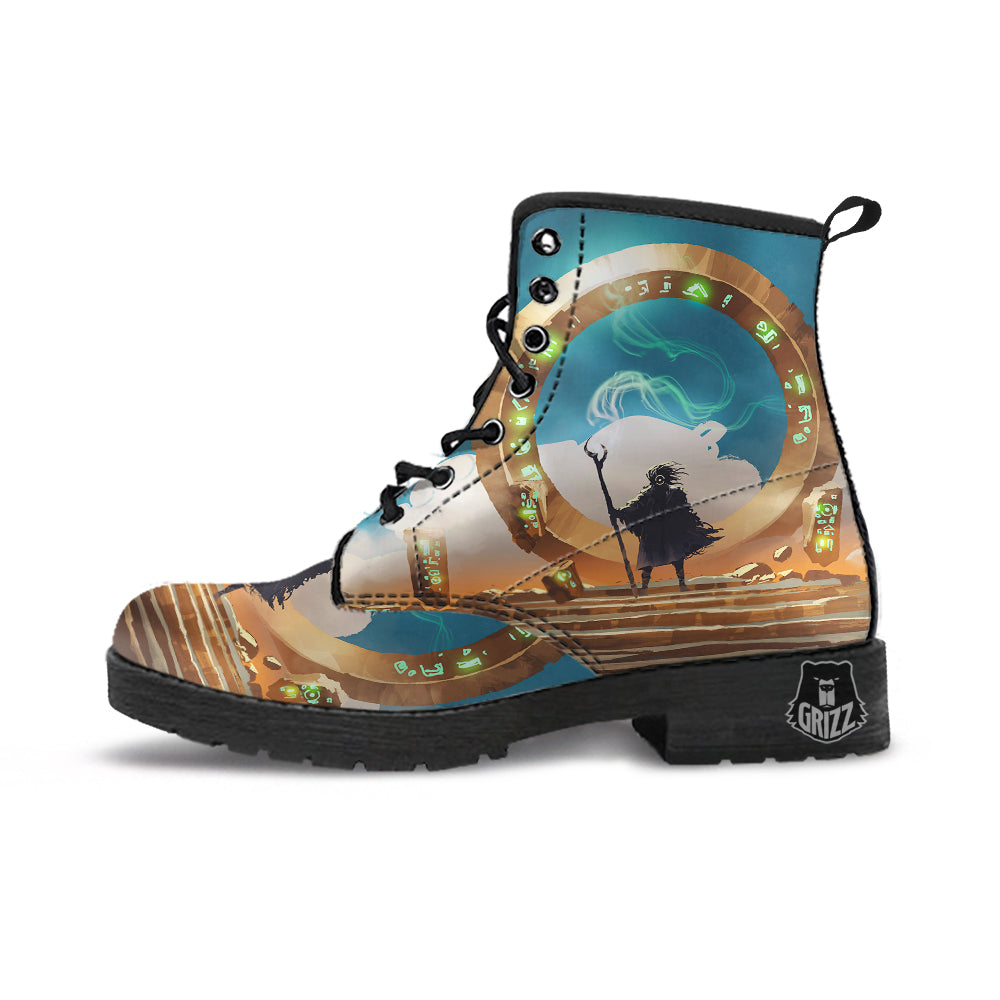 Wizard And Gate Print Leather Boots-grizzshop