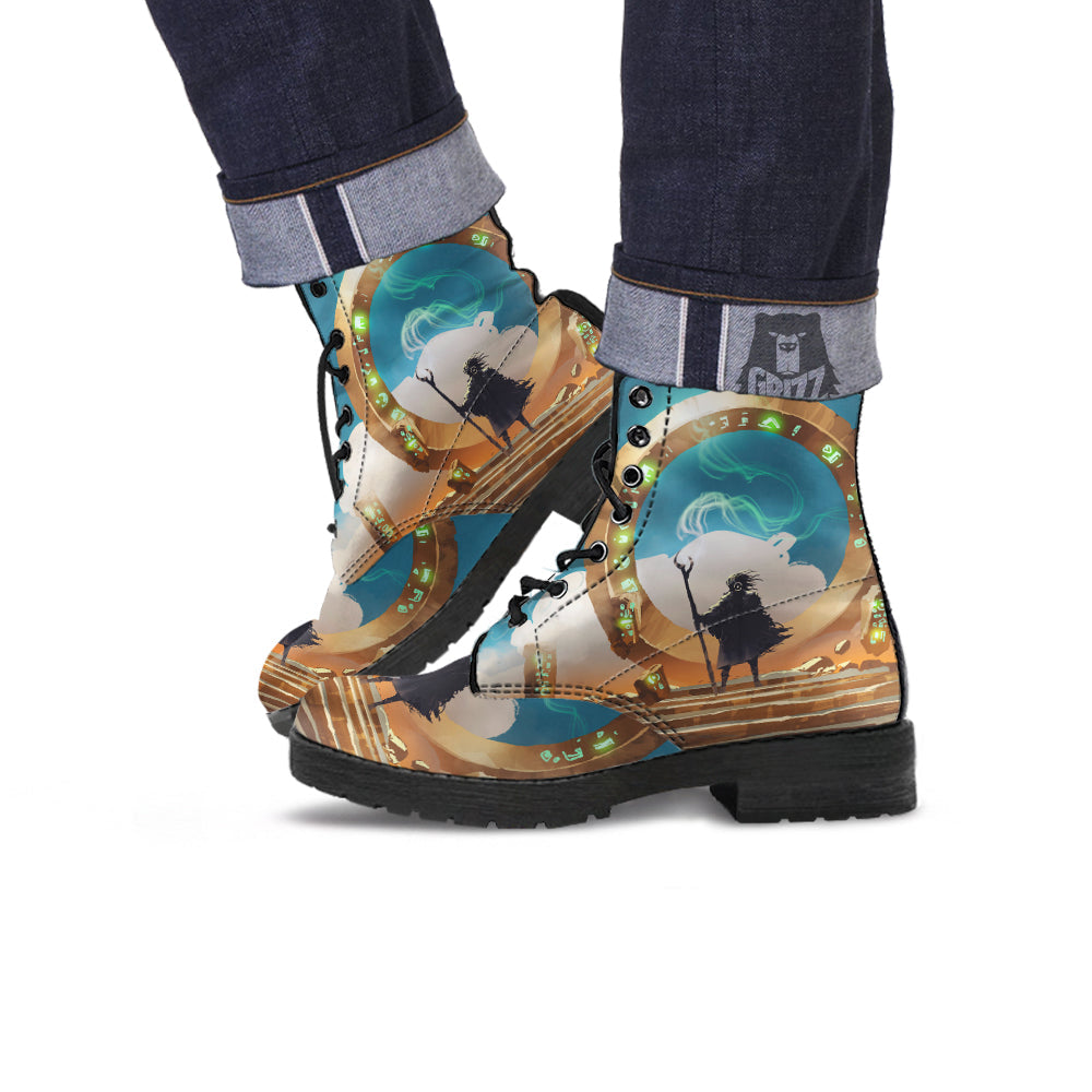 Wizard And Gate Print Leather Boots-grizzshop