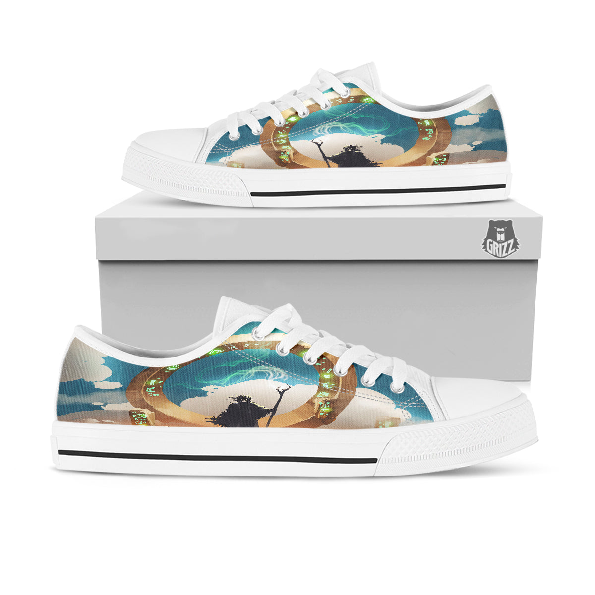 Wizard And Gate Print White Low Top Shoes-grizzshop