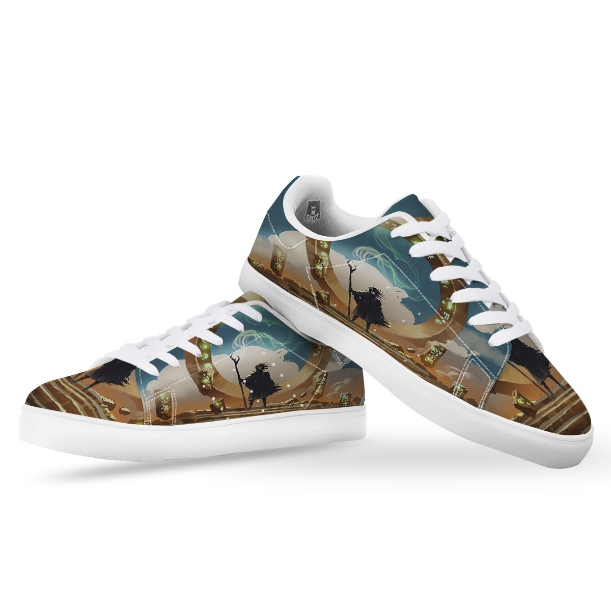 Wizard And Gate Print White Low Top Sneakers-grizzshop