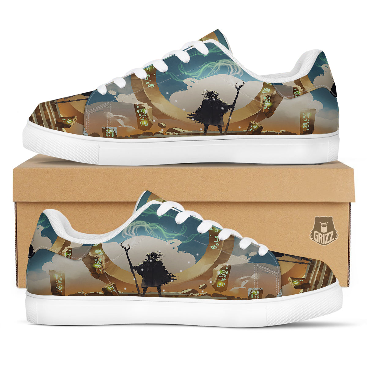 Wizard And Gate Print White Low Top Sneakers-grizzshop
