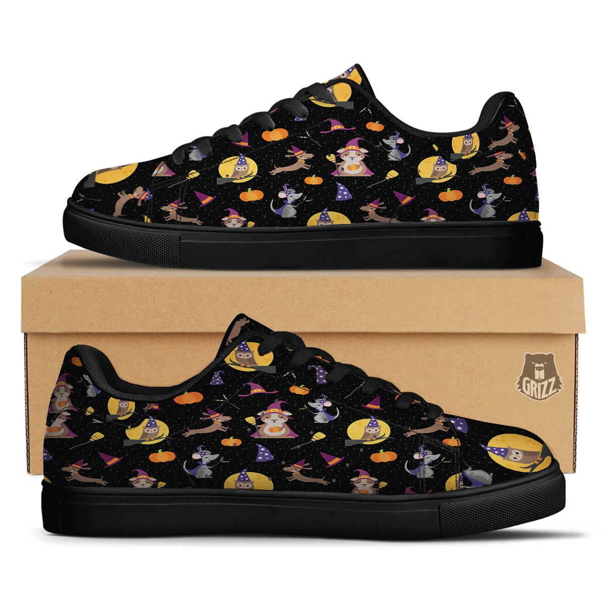 Wizard Animal Print Pattern Black Low Top Sneakers-grizzshop