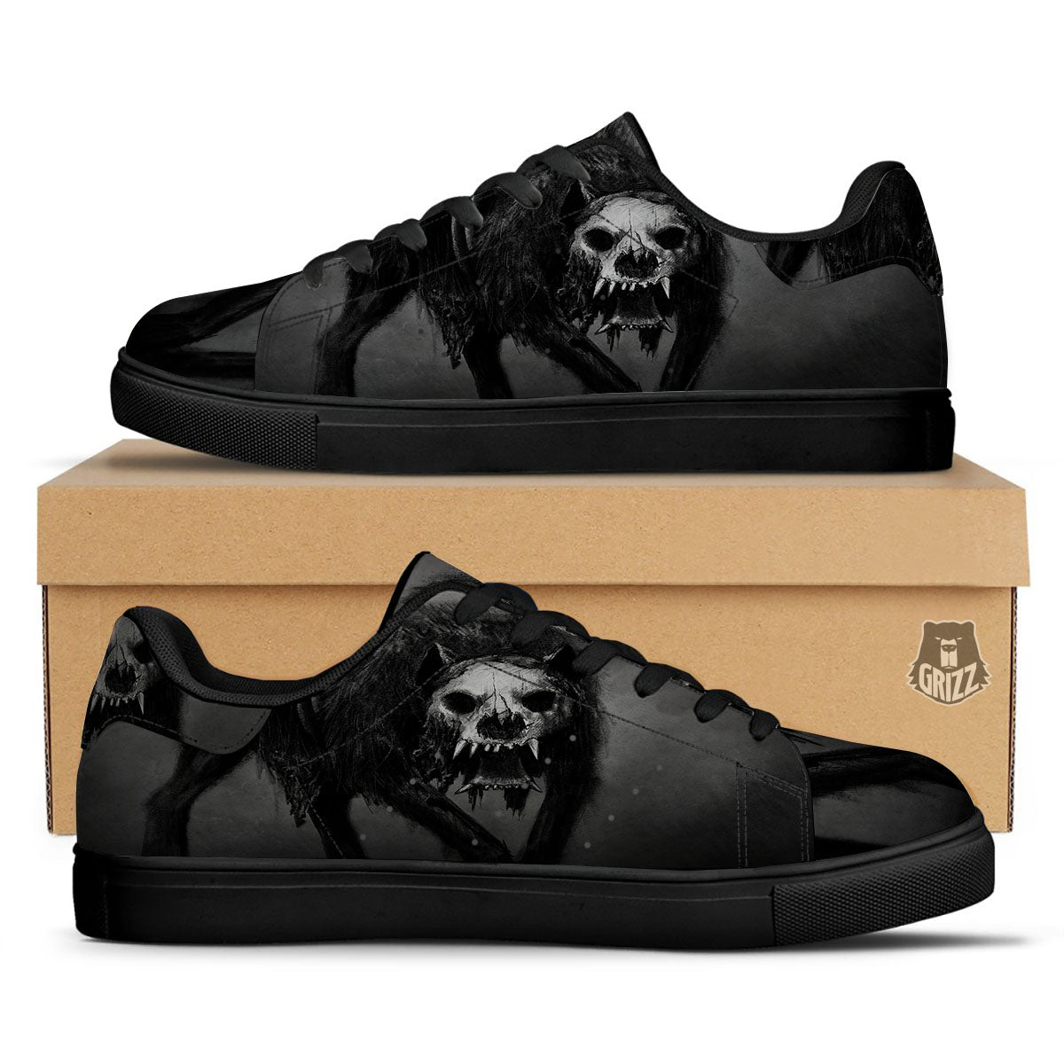 Wolf Black Demon Print Black Low Top Sneakers-grizzshop