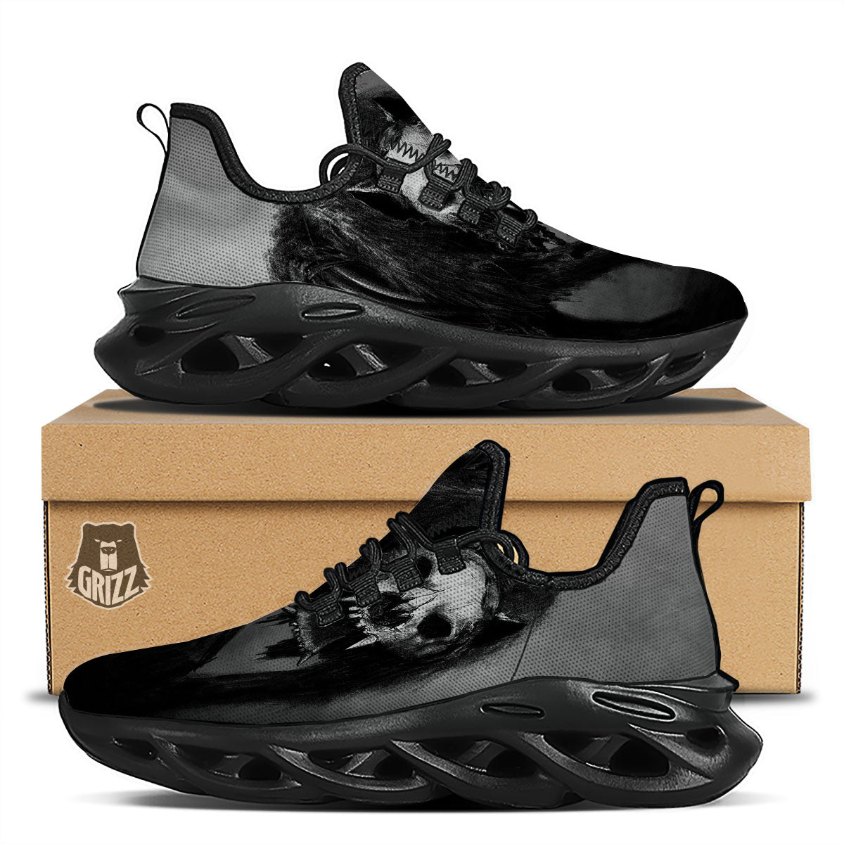 Wolf Black Demon Print Black Running Shoes-grizzshop