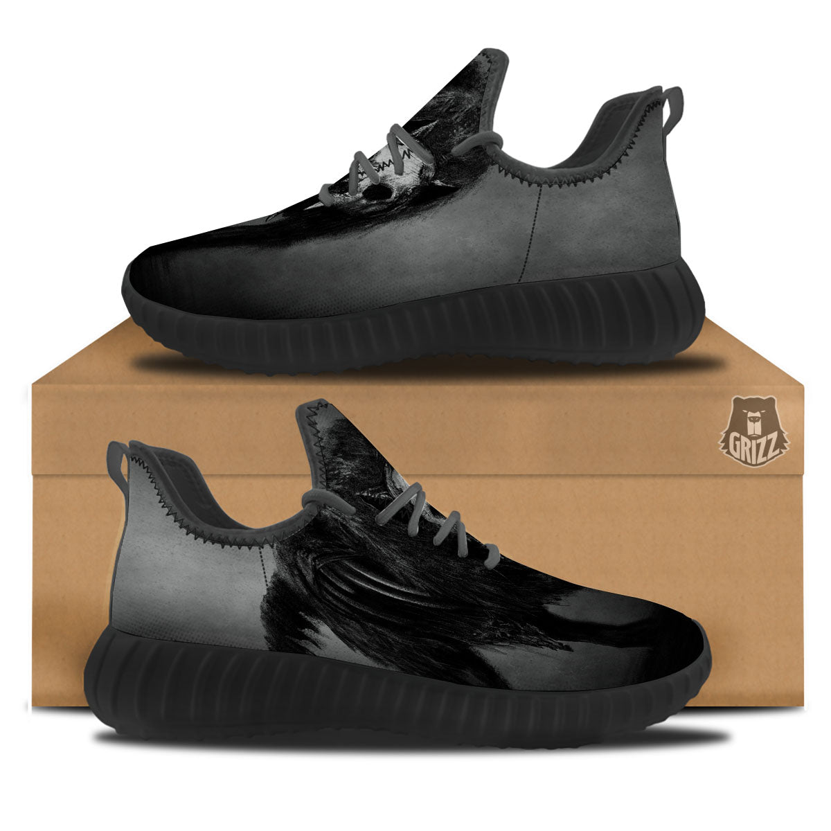 Wolf Black Demon Print Black Walking Shoes-grizzshop