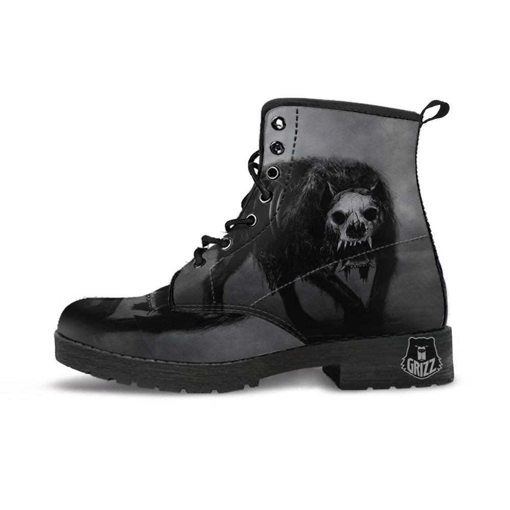 Wolf Black Demon Print Leather Boots-grizzshop