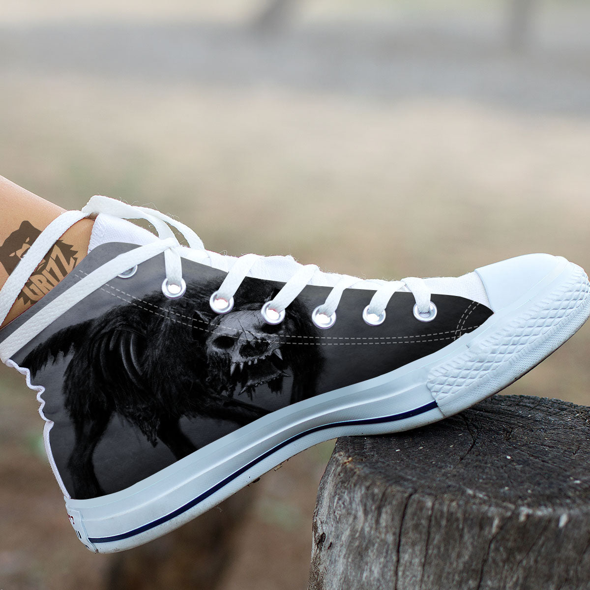 Wolf Black Demon Print White High Top Shoes-grizzshop