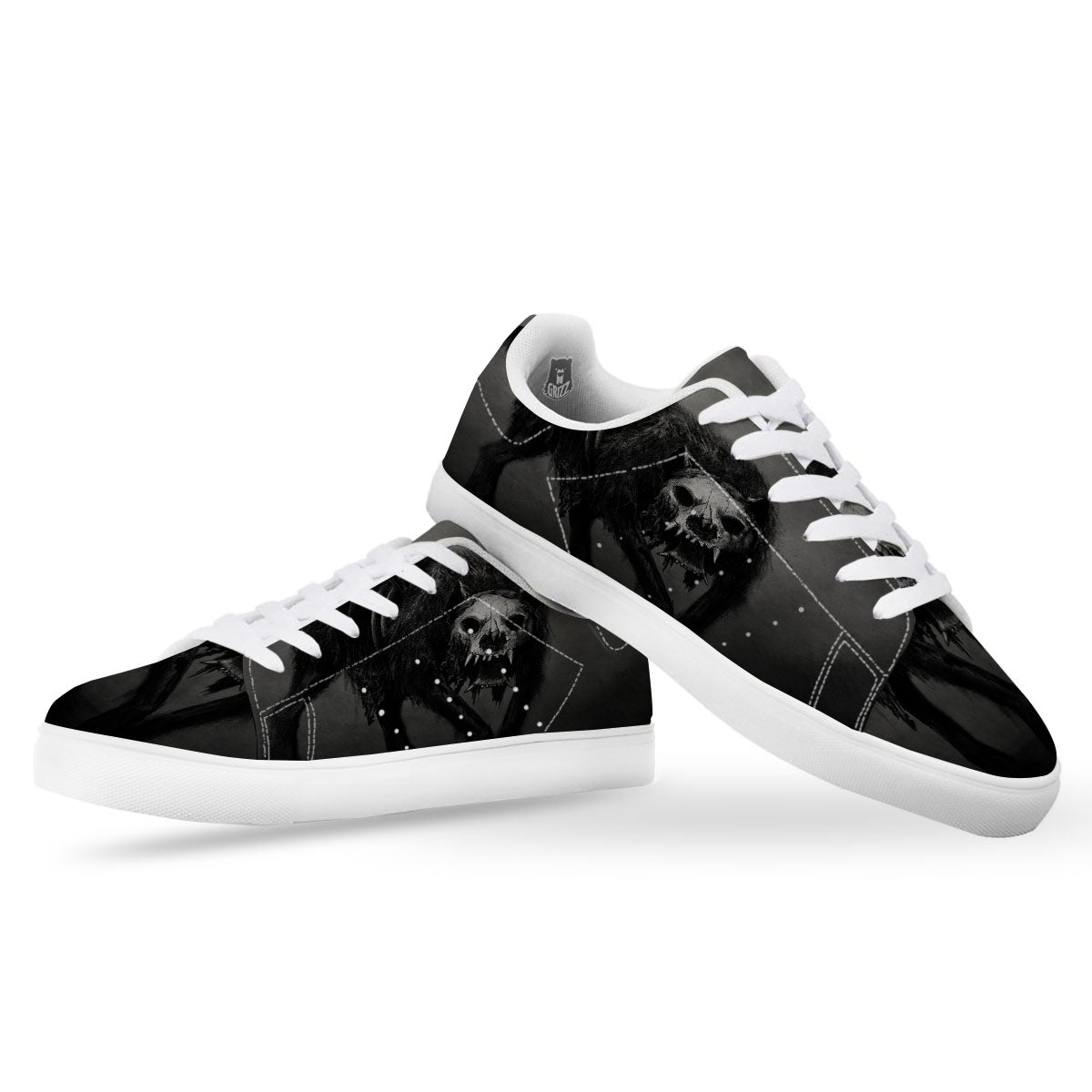 Wolf Black Demon Print White Low Top Sneakers-grizzshop