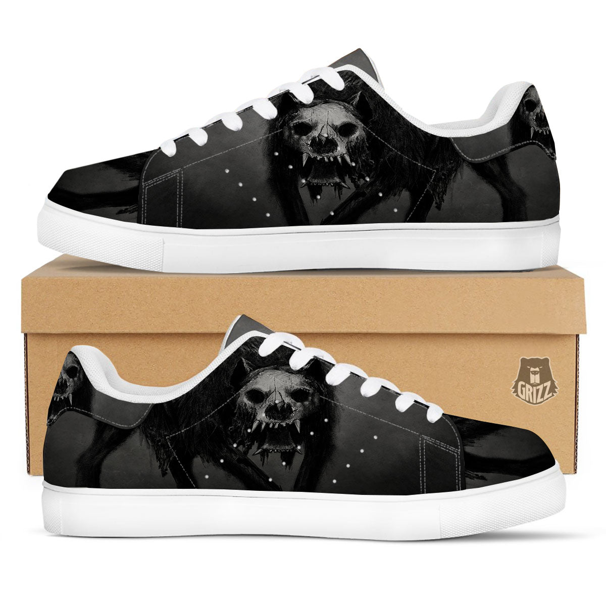 Wolf Black Demon Print White Low Top Sneakers-grizzshop
