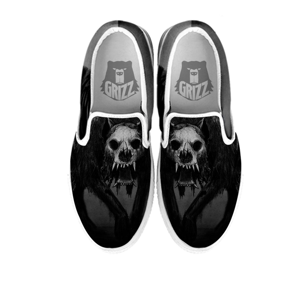 Wolf Black Demon Print White Slip On Shoes-grizzshop