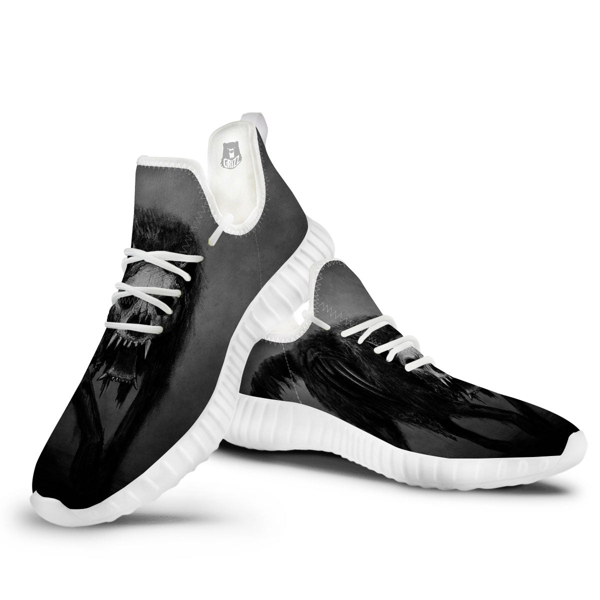 Wolf Black Demon Print White Walking Shoes-grizzshop