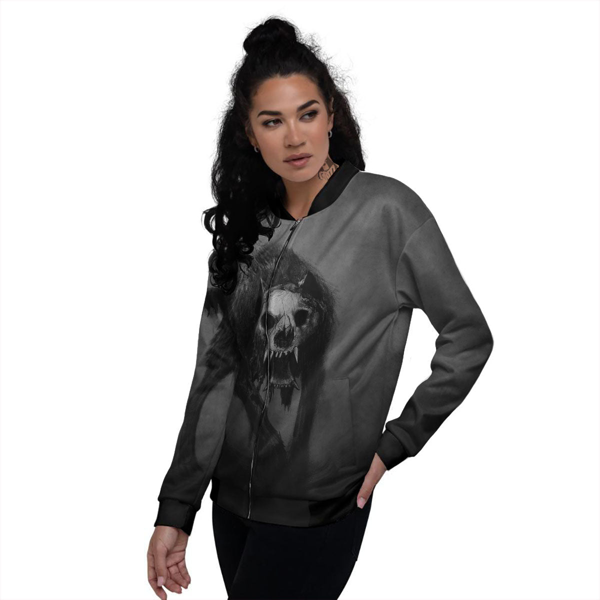 Wolf Black Demon Print Women's Bomber Jacket-grizzshop