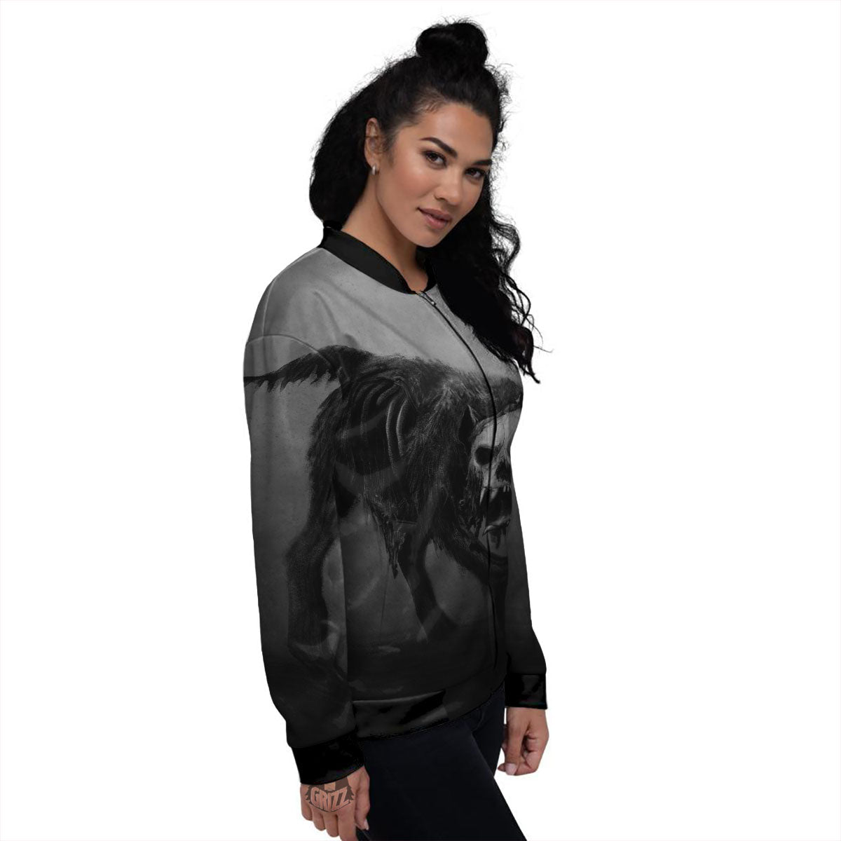 Wolf Black Demon Print Women's Bomber Jacket-grizzshop