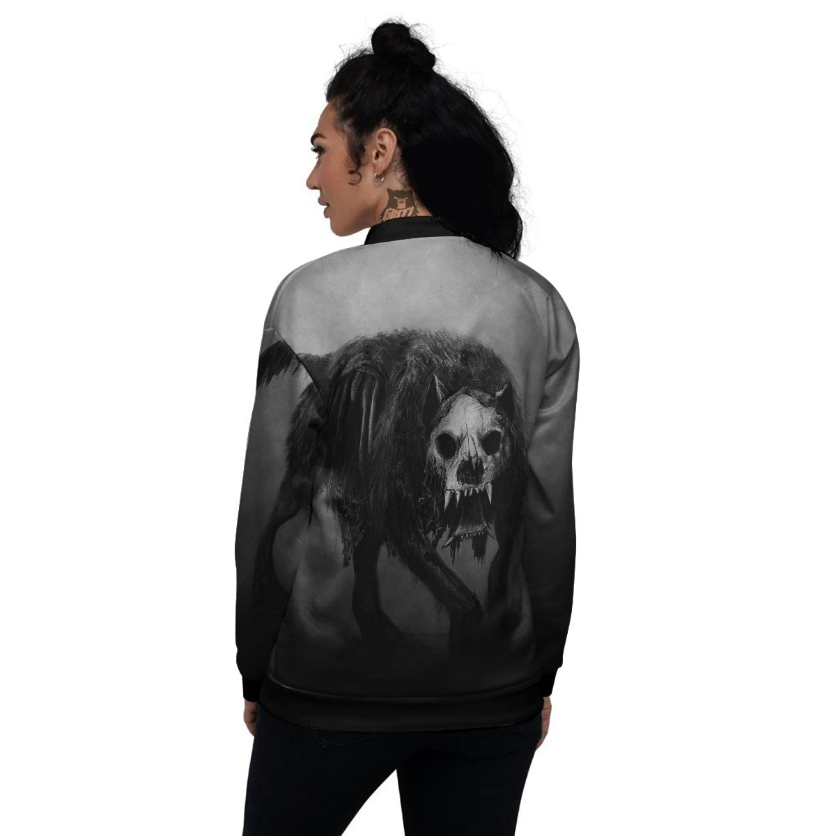 Wolf Black Demon Print Women's Bomber Jacket-grizzshop