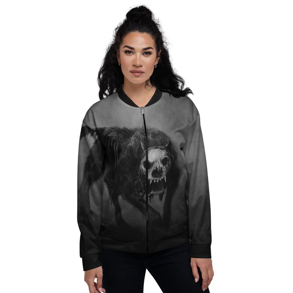 Wolf Black Demon Print Women's Bomber Jacket-grizzshop