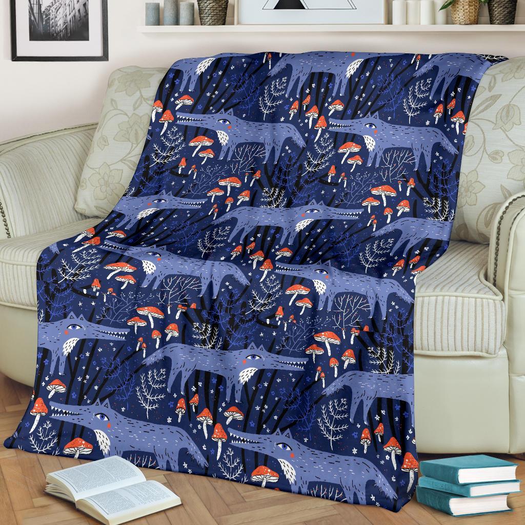 Wolf Cartoon Pattern Print Blanket-grizzshop