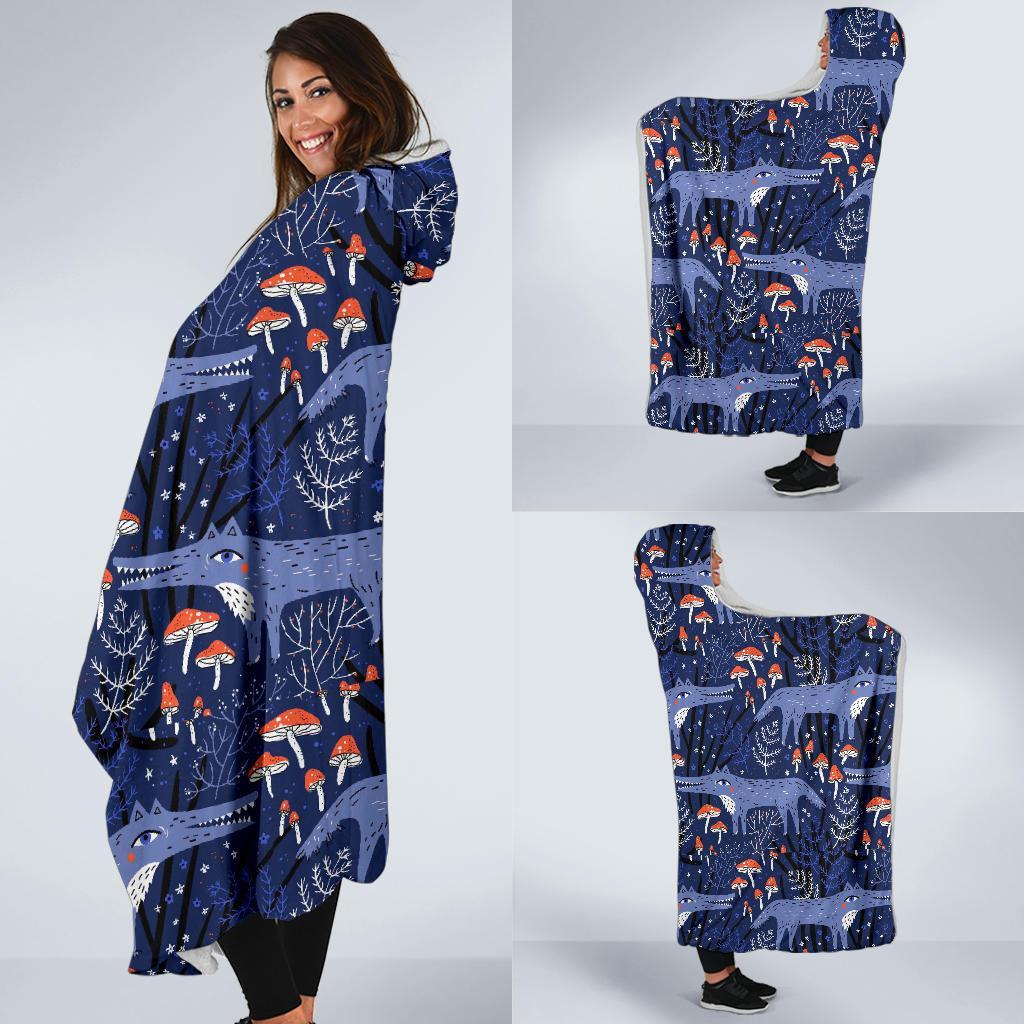 Wolf Cartoon Pattern Print Hooded Blanket-grizzshop