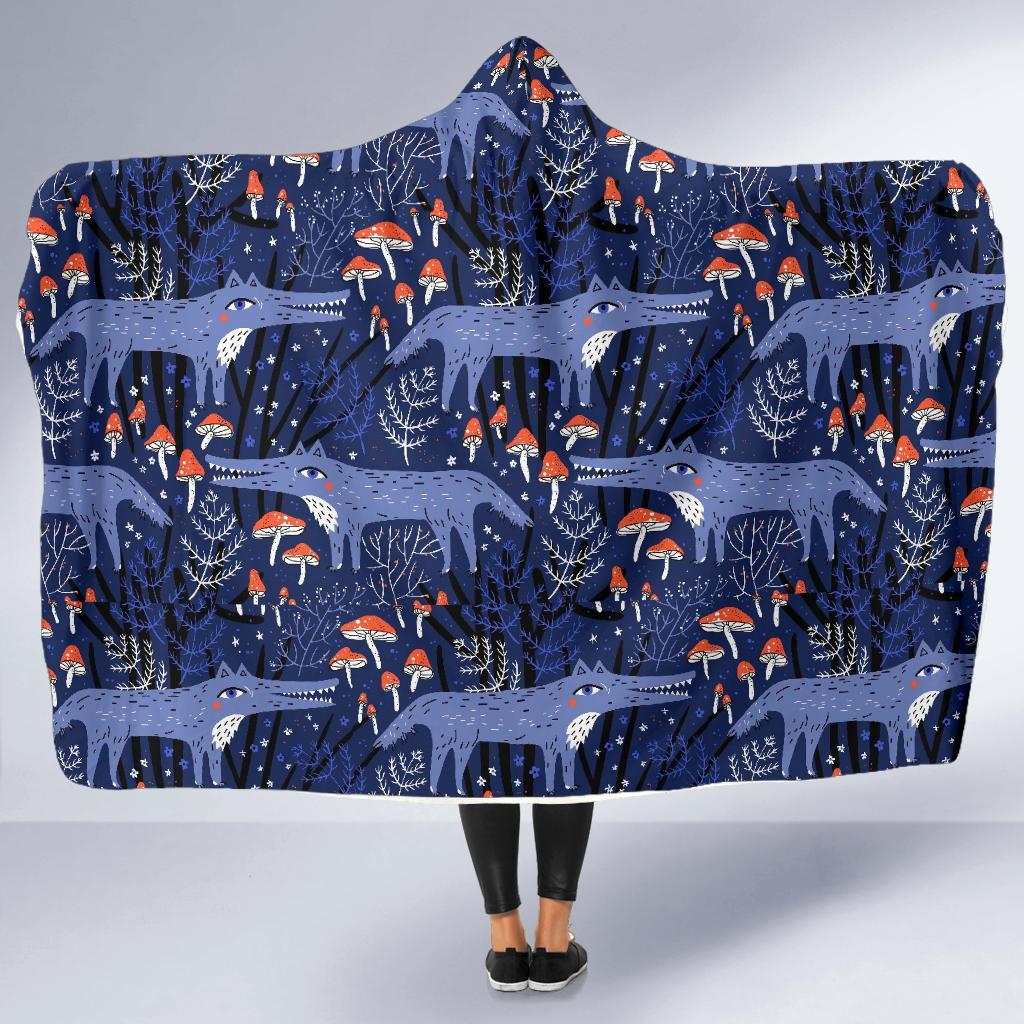 Wolf Cartoon Pattern Print Hooded Blanket-grizzshop