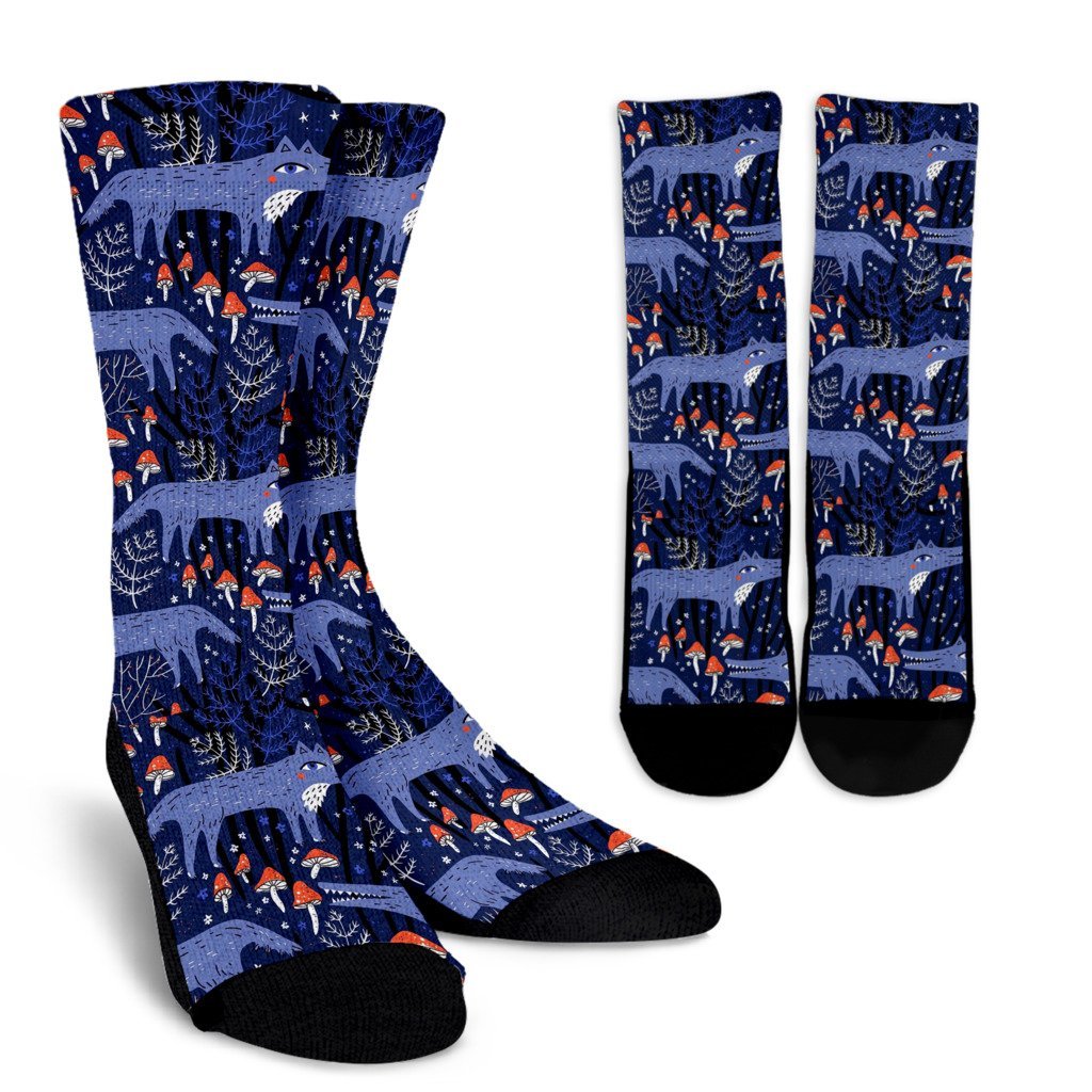 Wolf Cartoon Pattern Print Unisex Crew Socks-grizzshop