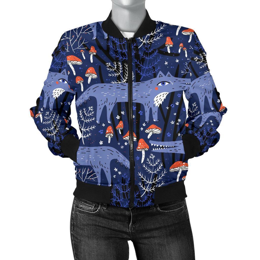 Wolf Cartoon Pattern Print Women Casual Bomber Jacket-grizzshop