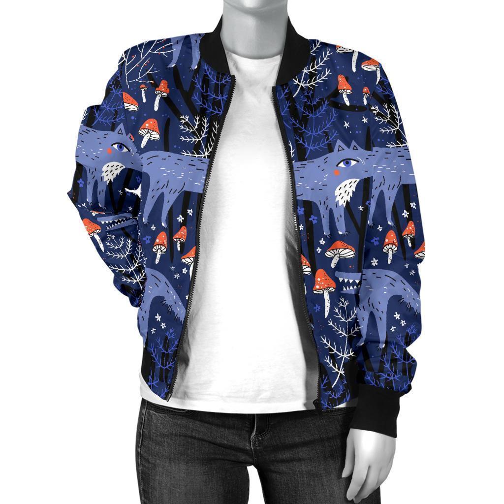 Wolf Cartoon Pattern Print Women Casual Bomber Jacket-grizzshop