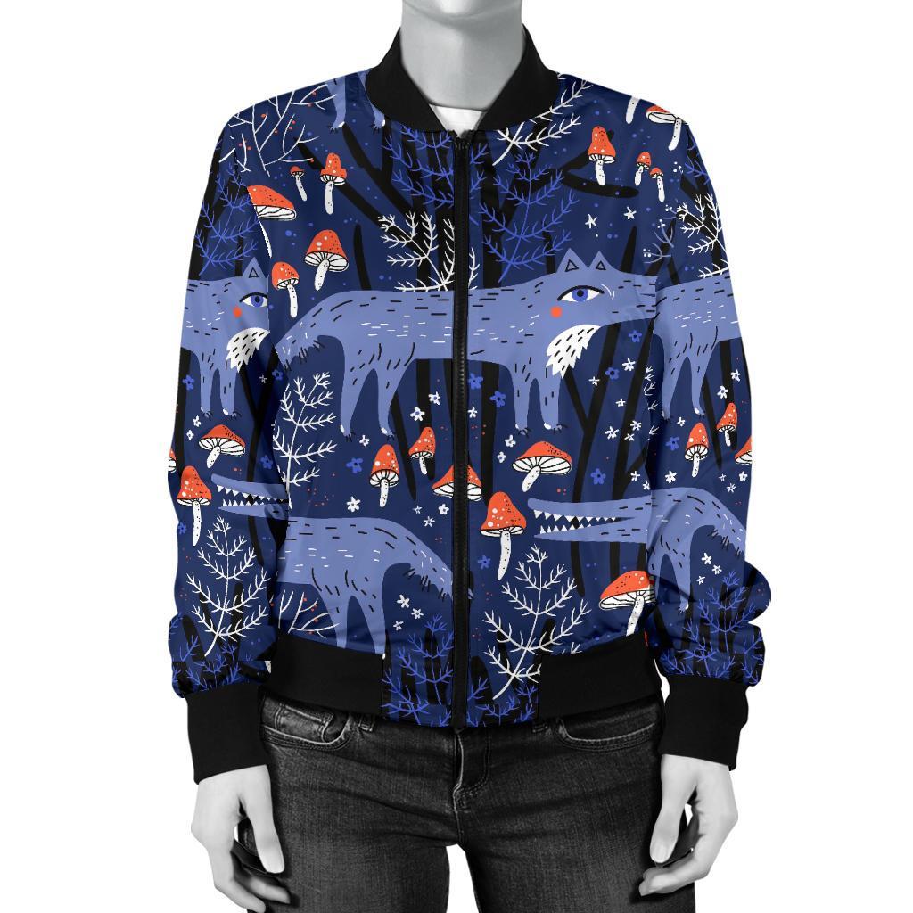 Wolf Cartoon Pattern Print Women Casual Bomber Jacket-grizzshop