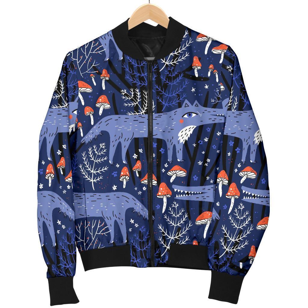 Wolf Cartoon Pattern Print Women Casual Bomber Jacket-grizzshop