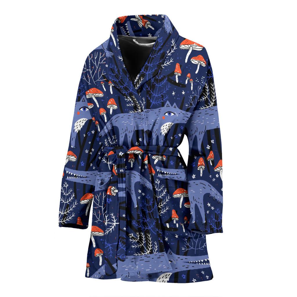 Wolf Cartoon Pattern Print Women Long Robe-grizzshop