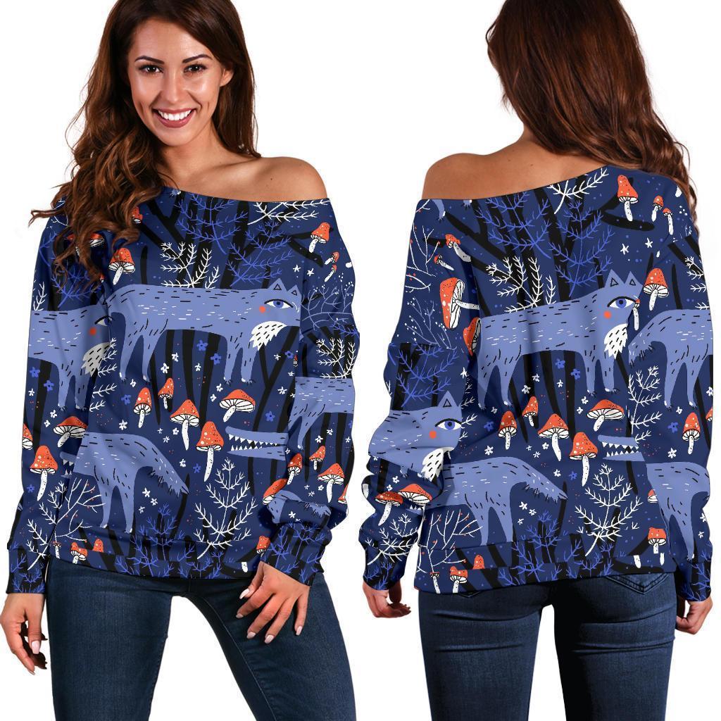 Wolf Cartoon Pattern Print Women Off Shoulder Sweatshirt-grizzshop