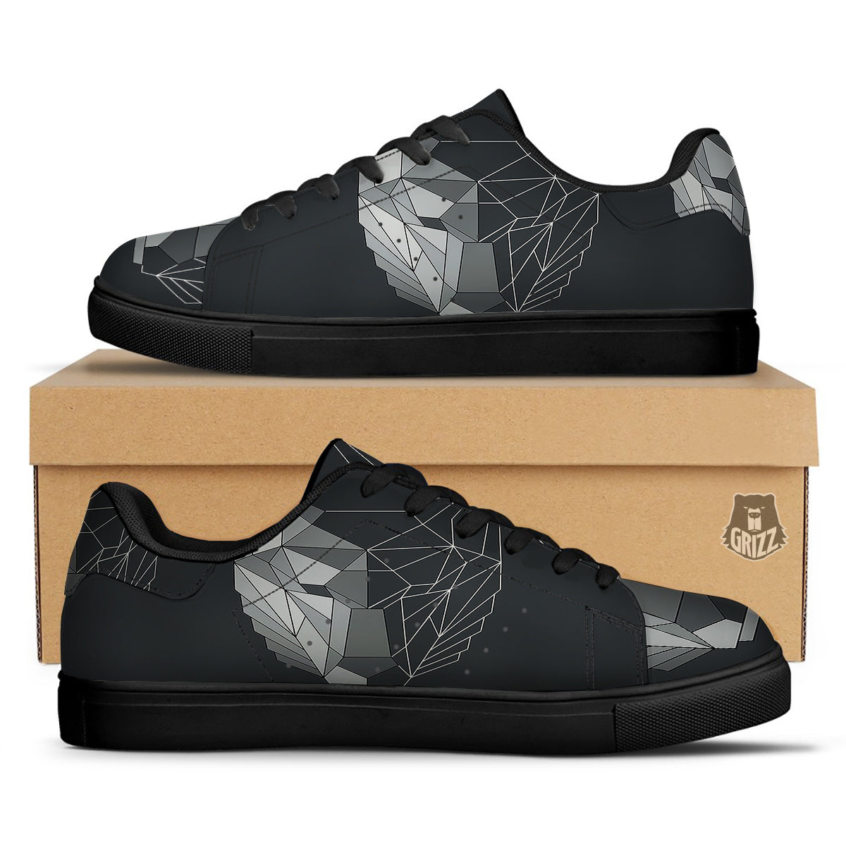 Wolf Geometric Dark Print Black Low Top Sneakers-grizzshop