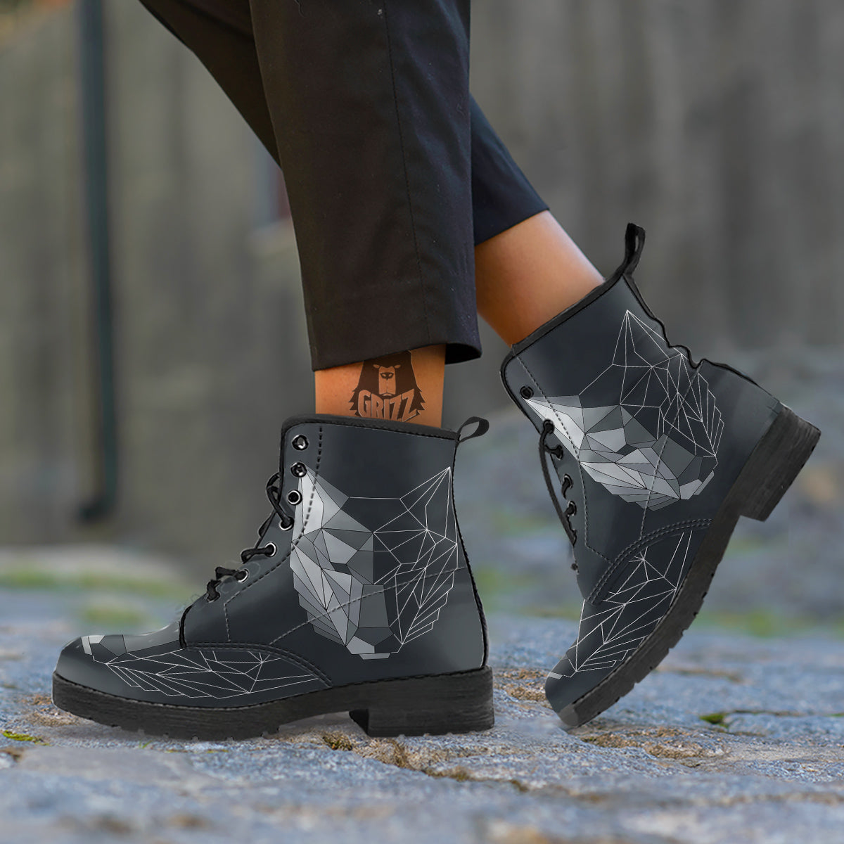 Wolf Geometric Dark Print Leather Boots-grizzshop