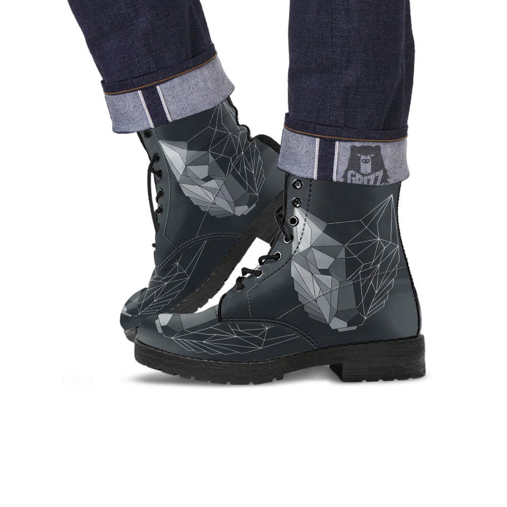 Wolf Geometric Dark Print Leather Boots-grizzshop