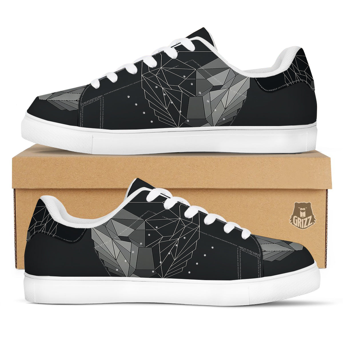 Wolf Geometric Dark Print White Low Top Sneakers-grizzshop